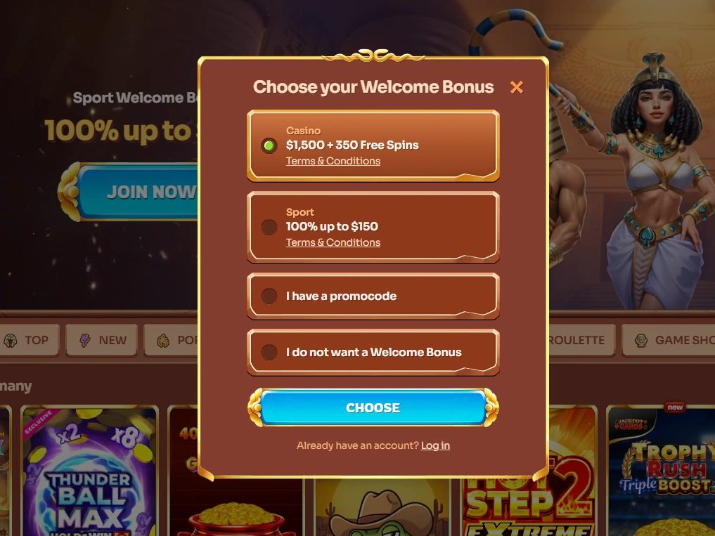 Screen showing casino welcome package, sports welcome offer, promo code and no-bonus options