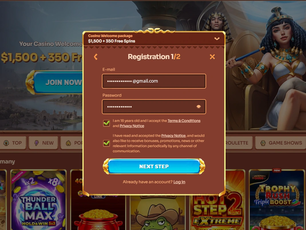 Registration 1/2 form with email, password fields and communication preference checkbox