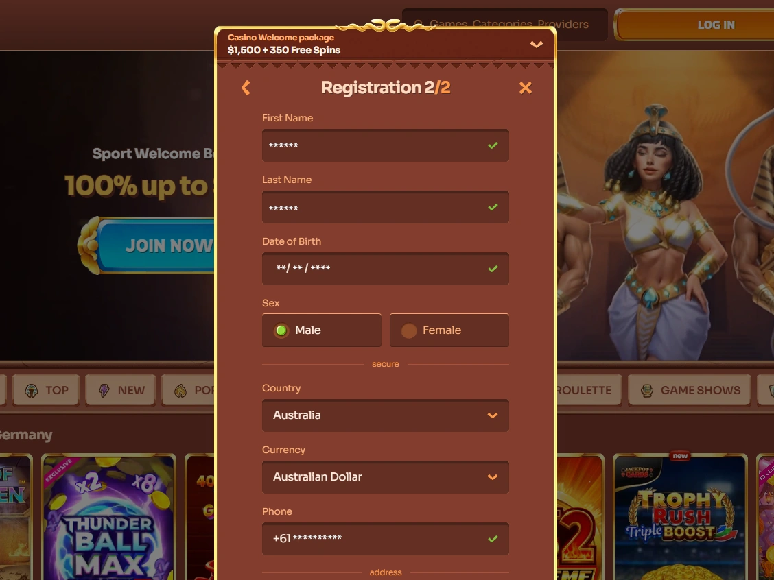 Registration 2/2 form with name, birth date, sex, country, currency and phone fields