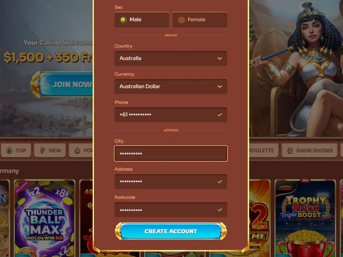 Registration 2/2 form showing city, address, postcode fields and Create Account button