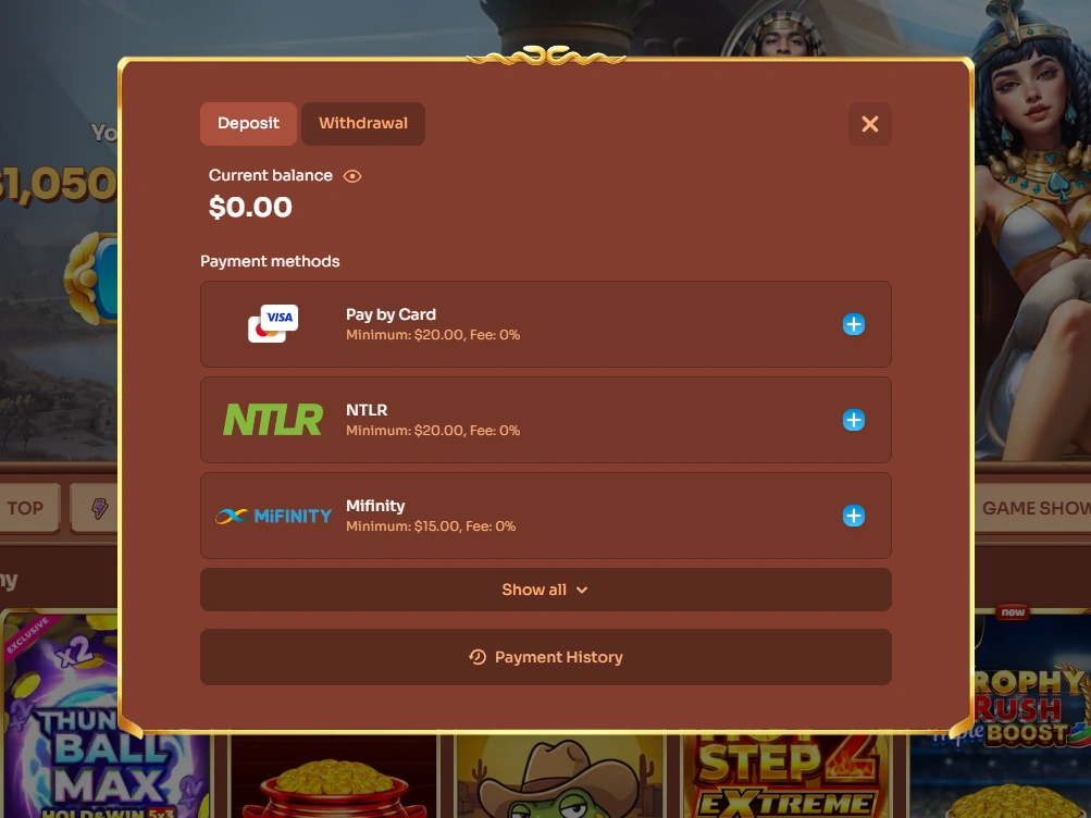 Cashier screen listing Pay by Card, NTLR, MiFinity deposit options and Payment History